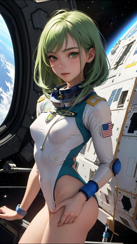 (best quality, masterpiece)  perfect face, 18 years old girl, medium tits, astronauts on space , green hair
