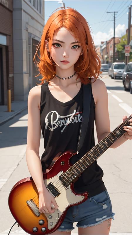 (ultra realistic, best quality, masterpiece)  perfect face, orange hair, 18 years old girl, guitar play, punk-rock
