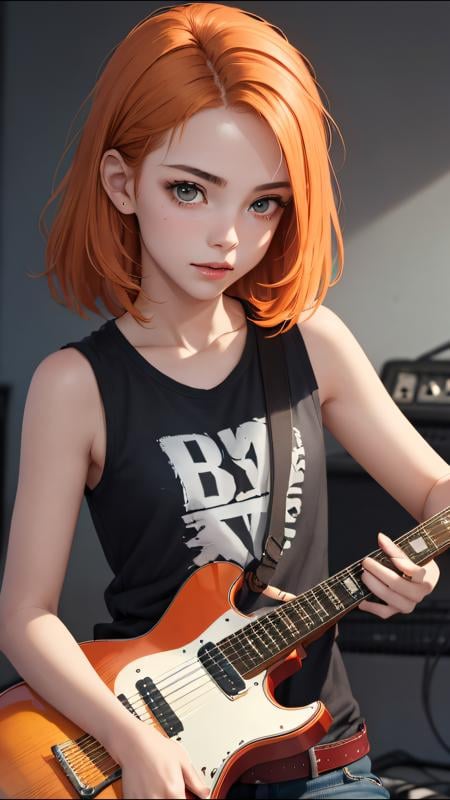 (ultra realistic, best quality, masterpiece)  perfect face, orange hair, 18 years old girl, guitar play, punk-rock