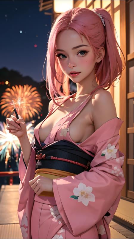 (ultra realistic, best quality, masterpiece, perfect face) pink hair, 18 years old girl, medium tits, flirting on camera, in traditional japanese kimono, night, kyoto, fireworks
