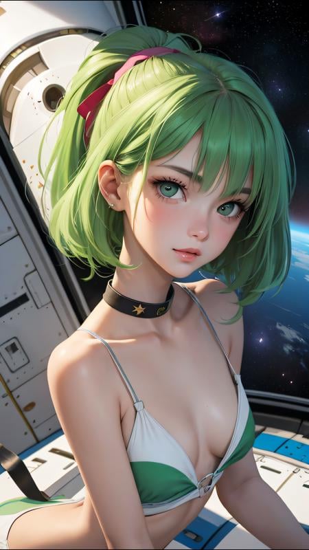 (best quality, masterpiece)  perfect face, 18 years old girl, medium tits, astronauts on space , green hair