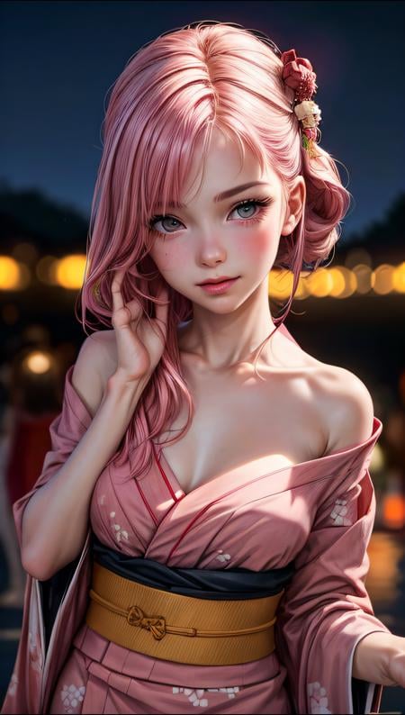 (ultra realistic, best quality, masterpiece, perfect face) pink hair, 18 years old girl, flirting on camera, in traditional japanese kimono, night, kyoto, fireworks <lora:more_details:1>