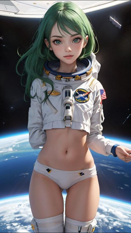 (best quality, masterpiece)  perfect face, 18 years old girl, astronauts on space, green hair,