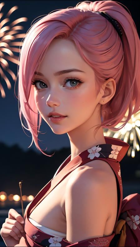 (ultra realistic, best quality, masterpiece, perfect face) pink hair, 18 years old girl, flirting on camera, in traditional japanese kimono, night, kyoto, fireworks