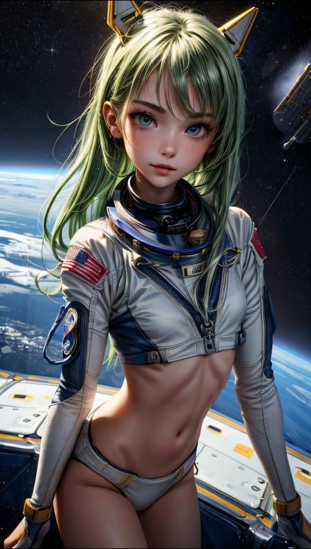 (best quality, masterpiece)  perfect face, 18 years old girl, astronauts on space , green hair,  <lora:more_details:1>