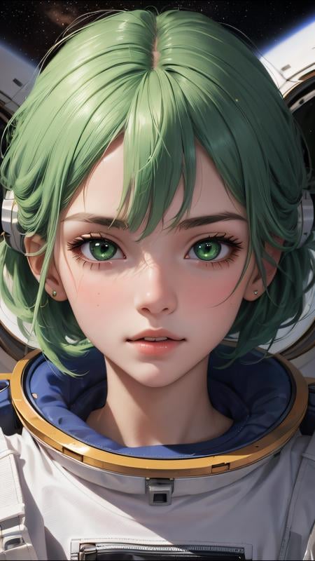 (best quality, masterpiece)  perfect face, 18 years old girl, astronauts on space, green hair,