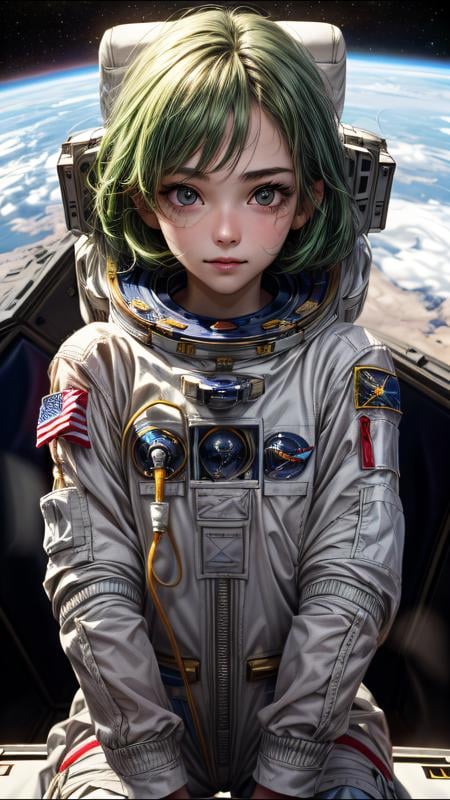 (best quality, masterpiece)  perfect face, 18 years old girl, astronauts on space , green hair,  <lora:more_details:1>