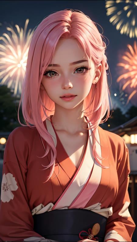 (ultra realistic, best quality, masterpiece, perfect face) pink hair, 18 years old girl, flirting on camera, in traditional japanese kimono, night, kyoto, fireworks