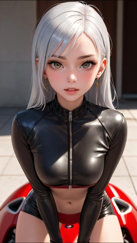 (best quality, masterpiece, perfect face) silver hair, 18 years old girl, medium tits, yellow leather suit, flirting on camera, on a red Ducati sportbike,