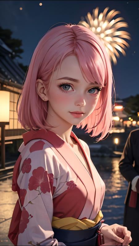 (ultra realistic, best quality, masterpiece, perfect face) pink hair, 18 years old girl, flirting on camera, in traditional japanese kimono, night, kyoto, fireworks