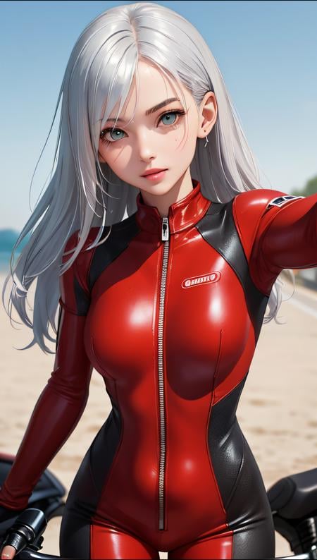 (best quality, masterpiece, perfect face) silver hair, 18 years old girl, medium tits, on a Ducati sportbike, red leather suit, flirting on camera