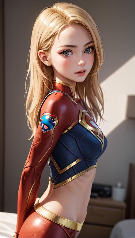 (best quality, masterpiece, perfect face) golden hair, 18 years old girl, medium tits, supergirl suit cosplay, flirting on camera