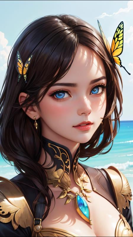 8k portrait of beautiful cyborg with brown hair, intricate, elegant, highly detailed, majestic, digital photography, art by artgerm and ruan jia and greg rutkowski surreal painting gold butterfly filigree, broken glass, (masterpiece, sidelighting, finely detailed beautiful eyes: 1.2), hdr, <lora:more_details:0.2>