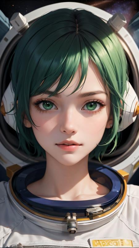 (best quality, masterpiece, perfect face) 18 years old girl, astronauts on space , green hair