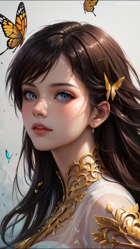 8k portrait of beautiful cyborg with brown hair, intricate, elegant, highly detailed, majestic, digital photography, art by artgerm and ruan jia and greg rutkowski surreal painting gold butterfly filigree, broken glass, (masterpiece, sidelighting, finely detailed beautiful eyes: 1.2), hdr, <lora:more_details:0.2>