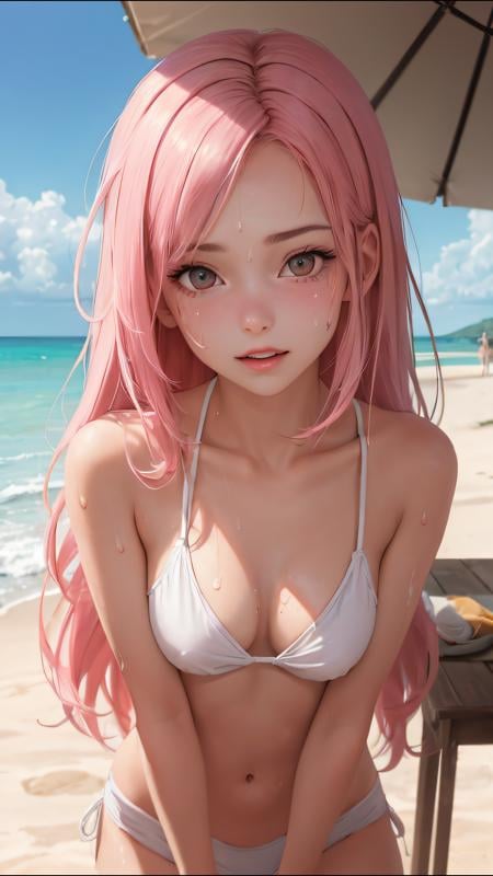 (best quality, masterpiece, perfect face) pink hair, 18 years old girl, medium tits, sweaty, beach