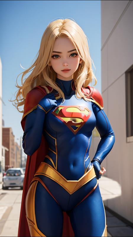 (best quality, masterpiece, perfect face) golden hair, 18 years old girl, medium tits, supergirl suit cosplay, flirting on camera