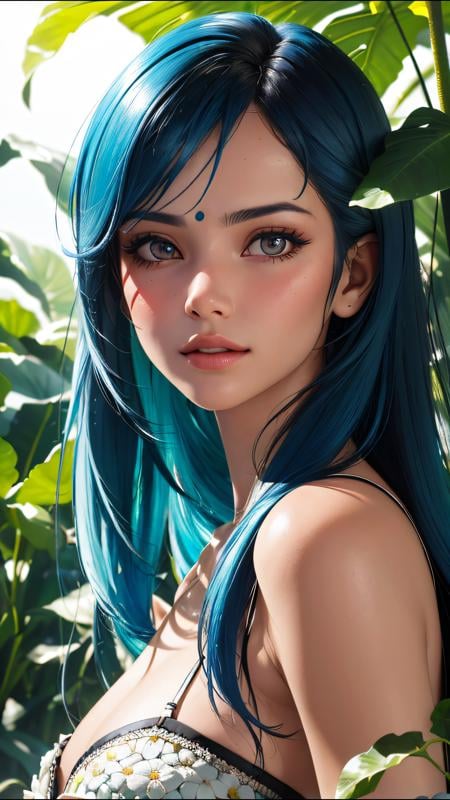 fashion photography portrait of indian girl with blue hair, in lush jungle with flowers, 3d render, cgi, symetrical, octane render, 35mm, bokeh, 9:16, (intricate details:1.12), hdr, (intricate details, hyperdetailed:1.15), (natural skin texture, hyperrealism, soft light, sharp:1.2), detailed, sunlight passing through foliage