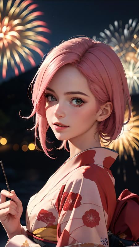 (ultra realistic, best quality, masterpiece, perfect face) pink hair, 18 years old girl, flirting on camera, in traditional japanese kimono, night, kyoto, fireworks