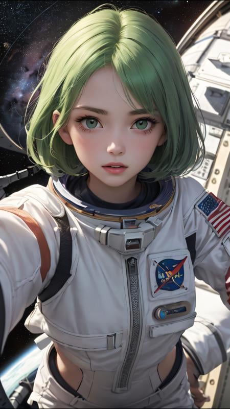 (best quality, masterpiece, perfect face) green hair, 18 years old girl, medium tits, astronaut on space