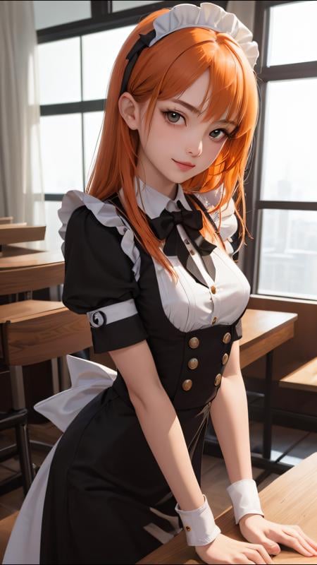 (best quality, masterpiece, perfect face) orange hair, flirting 18 years old girl, medium tits, maid neko cafè uniform
