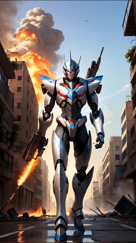 (ultra realistic, masterpiece, best quality) mecha, ultra detailed shining steel armor, luminiscent armor, science fiction, fire, laser canon beam, war, conflict, destroyed city background,