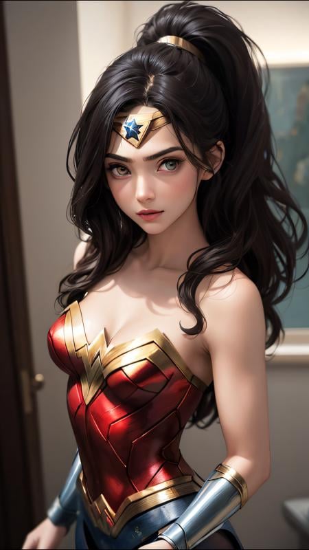 (best quality, masterpiece, perfect face) beautiful hair, 18 years old girl, medium tits,  wonder woman suit cosplay, flirting on camera