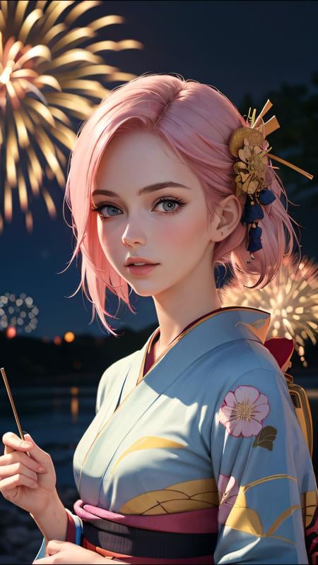 (ultra realistic, best quality, masterpiece, perfect face) pink hair, 18 years old girl, flirting on camera, in traditional japanese blue and gold kimono, detailed textures kimono, night, kyoto, fireworks