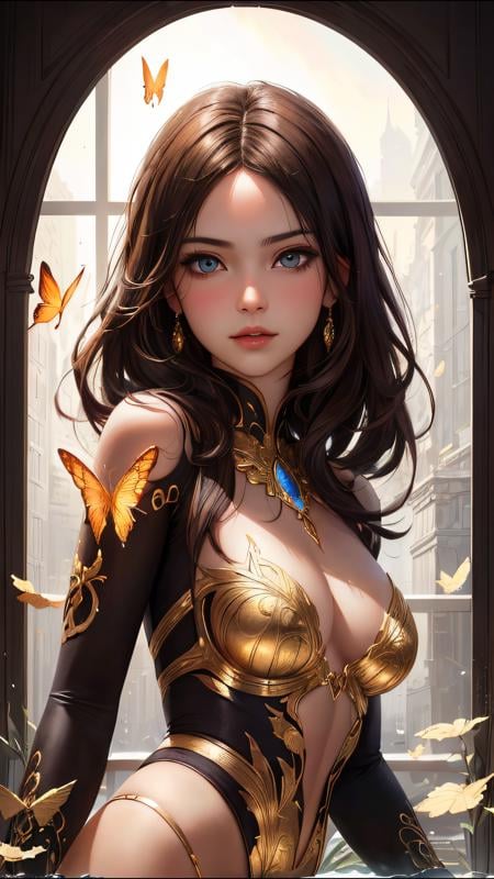 (Perfect face) 8k portrait of beautiful cyborg with brown hair, intricate, elegant, highly detailed, majestic, digital photography, art by artgerm and ruan jia and greg rutkowski surreal painting gold butterfly filigree, broken glass, (masterpiece, sidelighting, finely detailed beautiful eyes: 1.2), hdr, <lora:more_details:0.2>