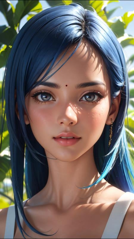fashion photography perfect portrait of indian girl with blue hair, in lush jungle with flowers, 3d render, cgi, symetrical, octane render, 35mm, bokeh, 9:16, (intricate details:1.12), hdr, (intricate details, hyperdetailed:1.15), (natural skin texture, hyperrealism, soft light, sharp:1.2), detailed, sunlight passing through foliage