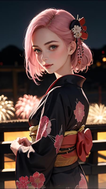 (ultra realistic, best quality, masterpiece, perfect face) pink hair, 18 years old girl, flirting on camera, in traditional japanese black and red kimono, detailed textures kimono, night, kyoto, fireworks