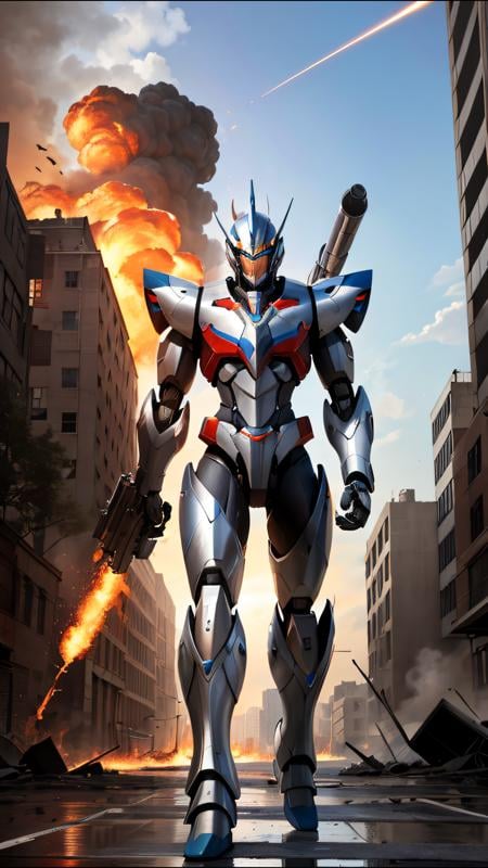(ultra realistic, masterpiece, best quality) mecha, ultra detailed shining steel armor, luminiscent armor, science fiction, fire, laser canon beam, war, conflict, destroyed city background,