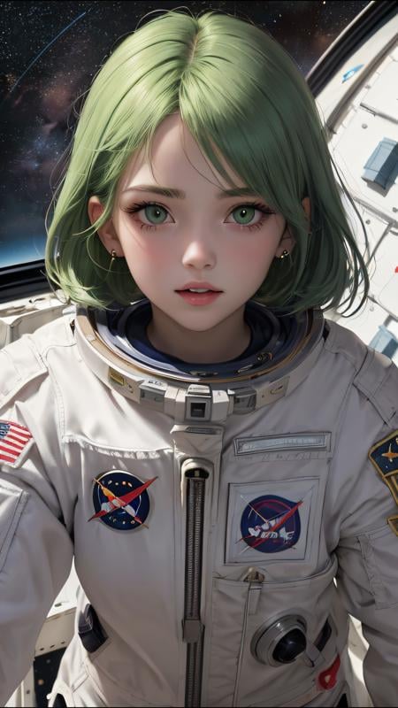 (best quality, masterpiece, perfect face) green hair, 18 years old girl, medium tits, astronaut on space