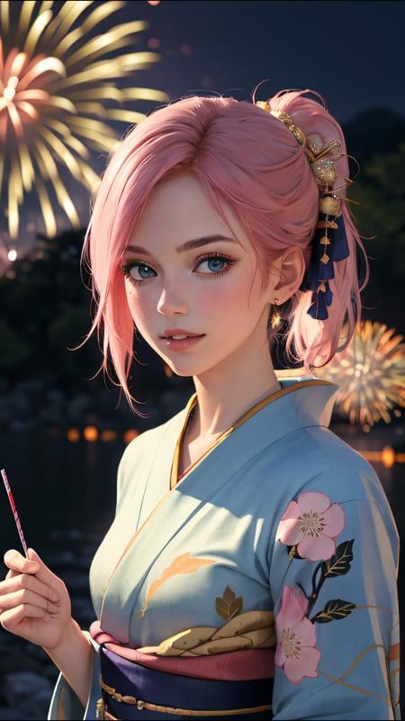 (ultra realistic, best quality, masterpiece, perfect face) pink hair, 18 years old girl, flirting on camera, in traditional japanese blue and gold kimono, detailed textures kimono, night, kyoto, fireworks