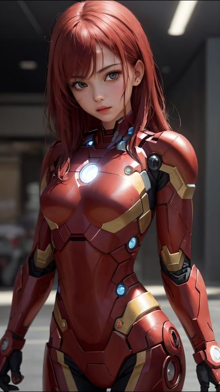 (best quality, masterpiece, perfect face) intense red hair, sexy 18 years old girl, medium tits, in ironman suit