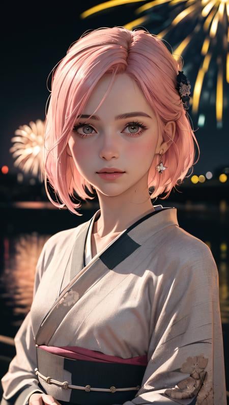 (ultra realistic, best quality, masterpiece, perfect face) pink hair, 18 years old girl, flirting on camera, in traditional japanese black and silver kimono, detailed textures kimono, high contrast, (natural skin texture, hyperrealism, soft light, sharp), night, kyoto, fireworks