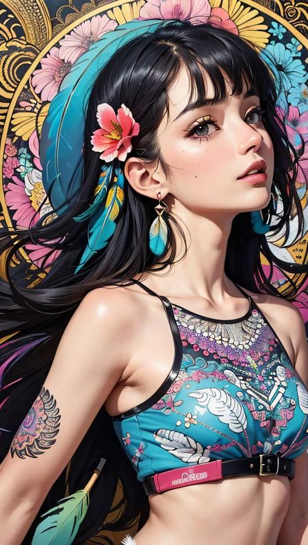 (masterpiece, top quality, best quality, official art, beautiful and aesthetic:1.2), (1girl:1.3), extremely detailed,(fractal art:1.1),(colorful:1.1)(flowers:1.3),highest detailed,(zentangle:1.2), (dynamic pose), (abstract background:1.3), (many colors:1.4), ,(earrings),  (feathers:1.5)