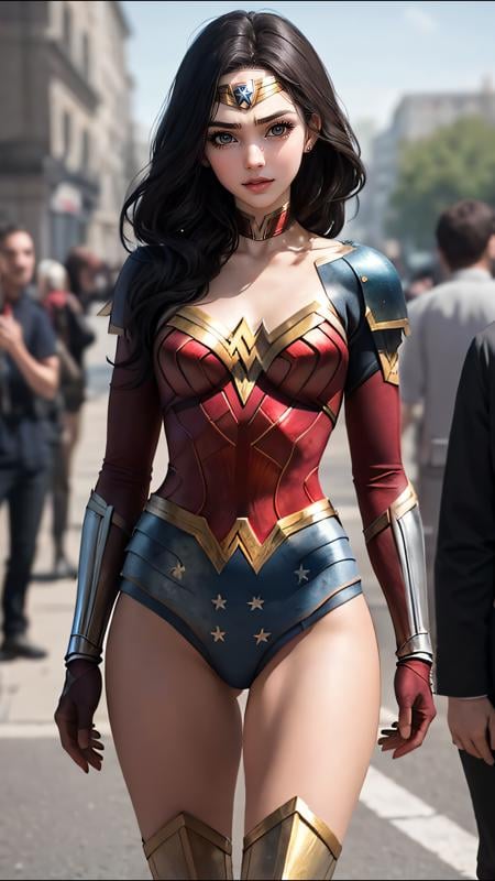 (best quality, masterpiece, perfect face) beautiful hair, 18 years old girl, medium tits,  wonder woman suit cosplay, flirting on camera