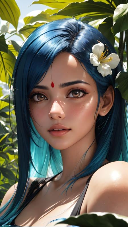 fashion photography portrait of indian girl with blue hair, in lush jungle with flowers, 3d render, cgi, symetrical, octane render, 35mm, bokeh, 9:16, (intricate details:1.12), hdr, (intricate details, hyperdetailed:1.15), (natural skin texture, hyperrealism, soft light, sharp:1.2), detailed, sunlight passing through foliage