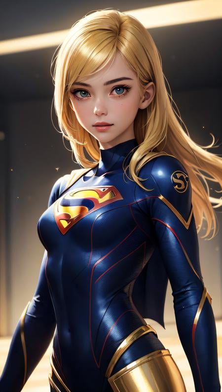 (best quality, masterpiece, perfect face) beautiful golden hair, 18 years old girl, medium tits,  super girl suit cosplay (glowing S symbol), flirting on camera