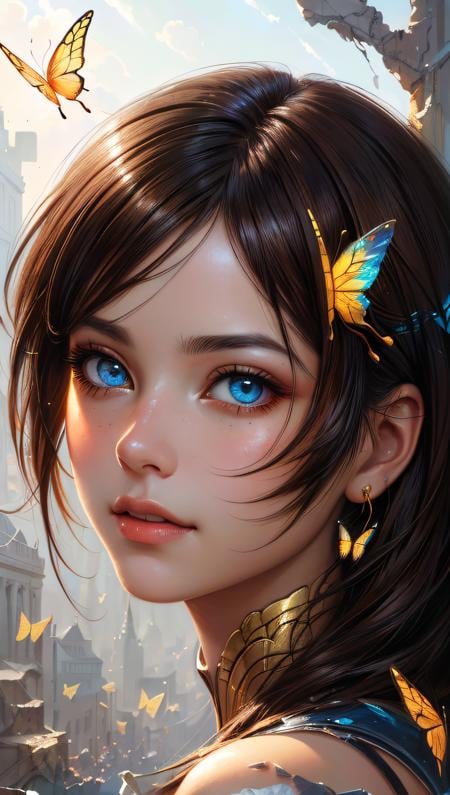 (Perfect face) 8k portrait of beautiful cyborg with brown hair, intricate, elegant, highly detailed, majestic, digital photography, art by artgerm and ruan jia and greg rutkowski surreal painting gold butterfly filigree, broken glass, (masterpiece, sidelighting, finely detailed beautiful eyes: 1.2), hdr, <lora:more_details:0.2>