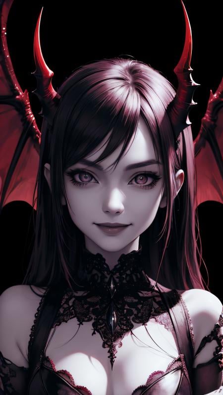 (best quality, masterpiece, perfect face, detailed intense red blood iris), 1 succubusgirl, gothic, demon wings, mischievous smile, (abstract art), half demon, high contrast, (HDR)