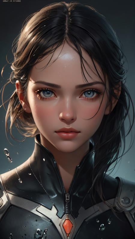(best quality, masterpiece, perfect face, detailed simmetric eyes, perfect smooth skin texture) a girl, illustration, cover art, (black:1.2), portrait , coral background, splash  (hyperrealism, soft light, dramatic light, sharp, HDR)