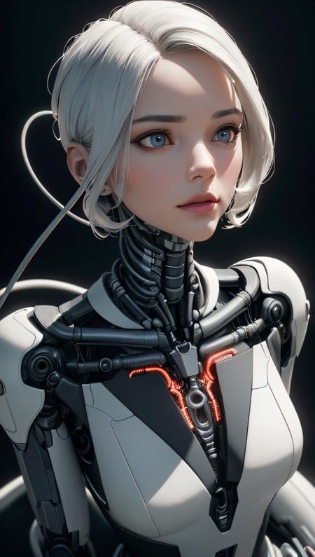 (best quality, masterpiece, perfect face, detailed simmetric eyes), complex 3d render ultra detailed of a beautiful porcelain profile woman android face, cyborg, robotic parts, 150 mm, vibrant details, luxurious cyberpunk, lace, hyperrealistic, anatomical, facial muscles, cable electric wires, microchip, elegant, beautiful background, octane render, H. R. Giger style, 8k,  extremely detailed ,CG ,unity ,wallpaper, (realistic, photo-realistic:1.37), robot, silver halmet, full body, sitting, high contrast colors, (hi-top fade:1.3), dark theme, soothing tones, muted colors, high contrast, (perfect smooth skin texture, hyperrealism, soft light, dramatic light, sharp, HDR)