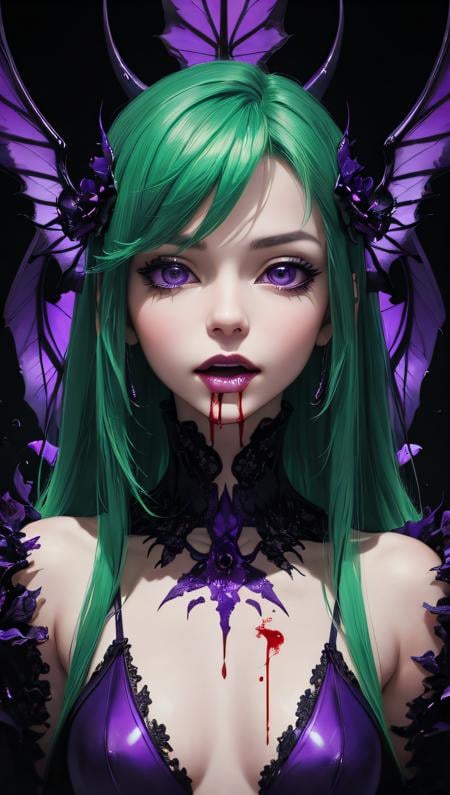 (best quality, masterpiece, perfect face, detailed intense purple iris), 1 succubusgirl, gothic, demon red wings, she licks the blood off her fingers, long green hair, (abstract art), half demon, high contrast, (HDR)