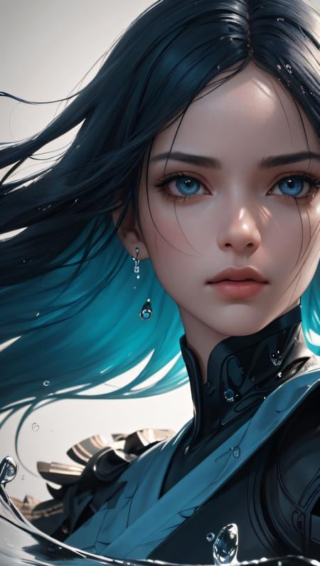 (best quality, masterpiece, perfect face, detailed simmetric eyes, perfect smooth skin texture), epic realistic, (close up), 1girl, floating blue_hair, long hair, (water:0.7), waterdrop, wet, holding_katana, blue_kimono with pattern, ultra detailed, (textured_clothing), black_background,, high contrast colors, (hi-top fade:1.3), dark theme, soothing tones, muted colors, high contrast, (hyperrealism, soft light, dramatic light, sharp, HDR)
