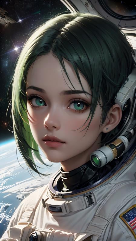 (best quality, masterpiece, perfect face, detailed simmetric eyes), green hair, 18 years old girl, medium tits, astronaut on space, high contrast colors, (hi-top fade:1.3), dark theme, soothing tones, muted colors, high contrast, (perfect smooth skin texture, hyperrealism, soft light, dramatic light, sharp, HDR)