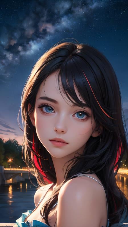 majestic night, incredible multicolored sky, dreamlike, visible stars, ((masterpiece)), best quality, (8k, best quality, masterpiece:1.2), super detail, a girl over the bridge across the river, looking over the sky, (ultra realistic, best quality, masterpiece, perfect face)