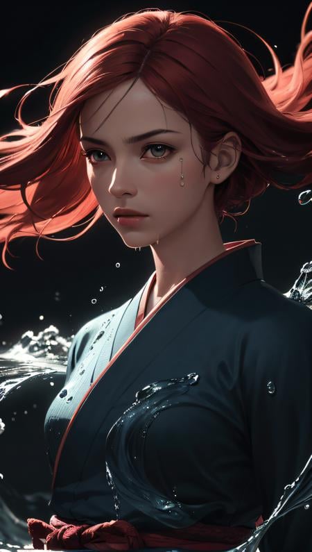 (best quality, masterpiece, perfect face, detailed simmetric eyes, perfect smooth skin texture), epic realistic, (close up), 1girl, floating red_hair, long hair, (water:0.7), waterdrop, wet, holding_katana, blue_kimono with pattern, ultra detailed, (textured_clothing), black_background,, high contrast colors, (hi-top fade:1.3), dark theme, soothing tones, muted colors, high contrast, (hyperrealism, soft light, dramatic light, sharp, HDR)