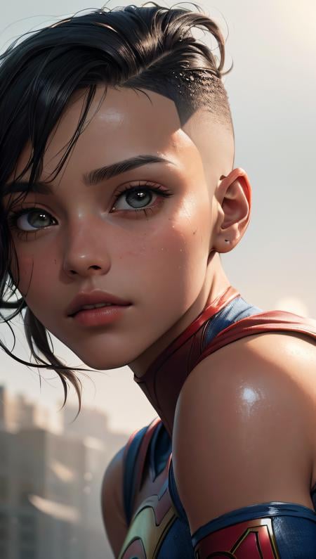(best quality, masterpiece, perfect face), supergirl (hi-top fade:1.3), dark theme, soothing tones, muted colors, high contrast, (natural skin texture, hyperrealism, soft light, sharp), HDR,  dramatic lights,